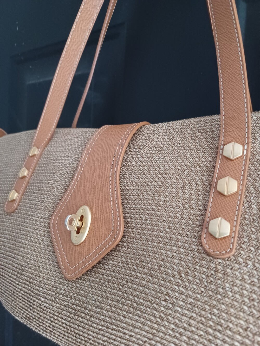 Eric Javitz Squishee Straw Tote with Tan Leather Trim - Picture 5 of 5